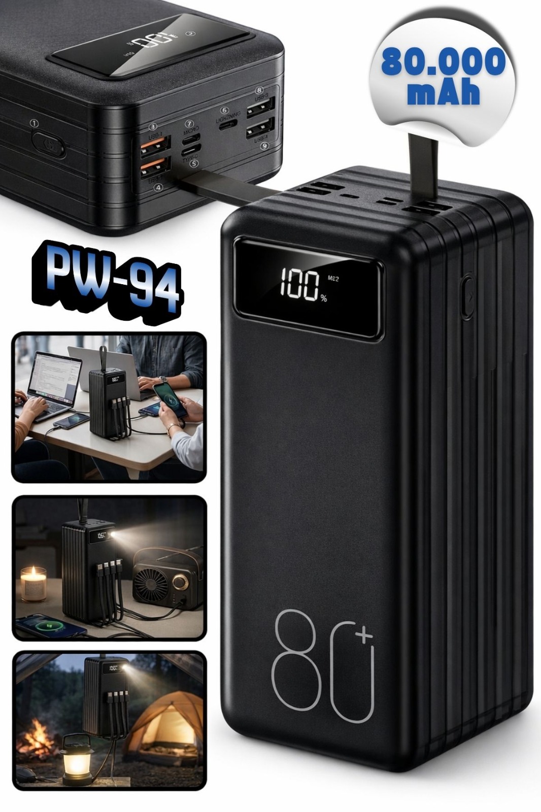 PW-94 80000mAh Taşınabilir Hızlı Şarj Cihazı - El Fenerli 18W Çoklu Kablolu Outdoor Powerbank
