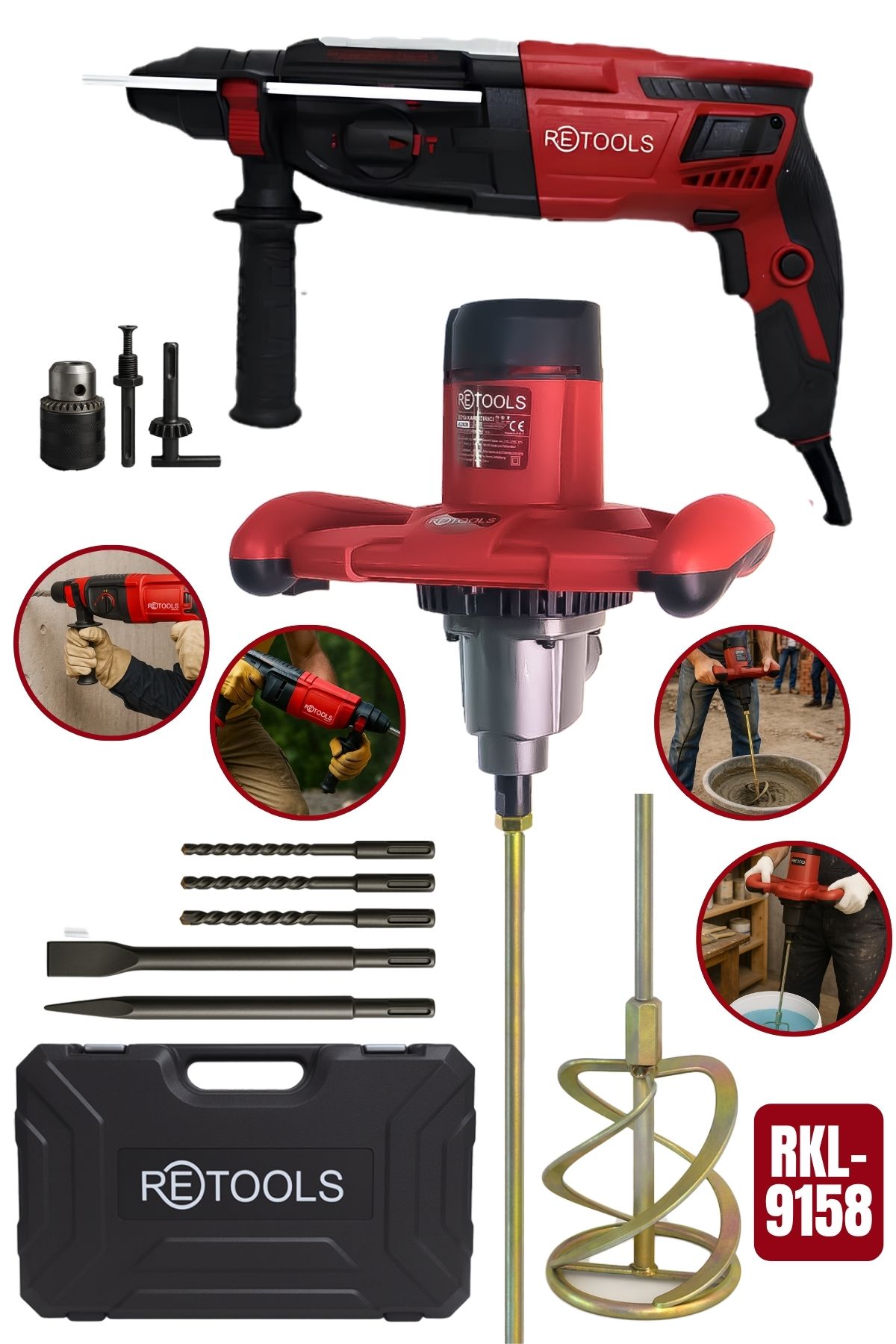 Retools RKL-9158 Profesyonel Set: 2.28 J Kırıcı Delici Matkap &amp;amp; 1600W Boya ve Harç Karıştırıcı Mikser