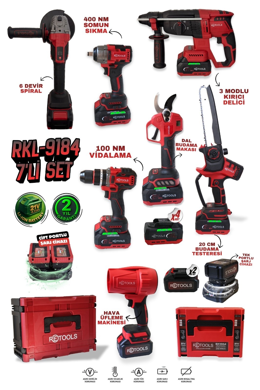 Retools RKL-9184 Profesyonel 7'li Şarjlı Set