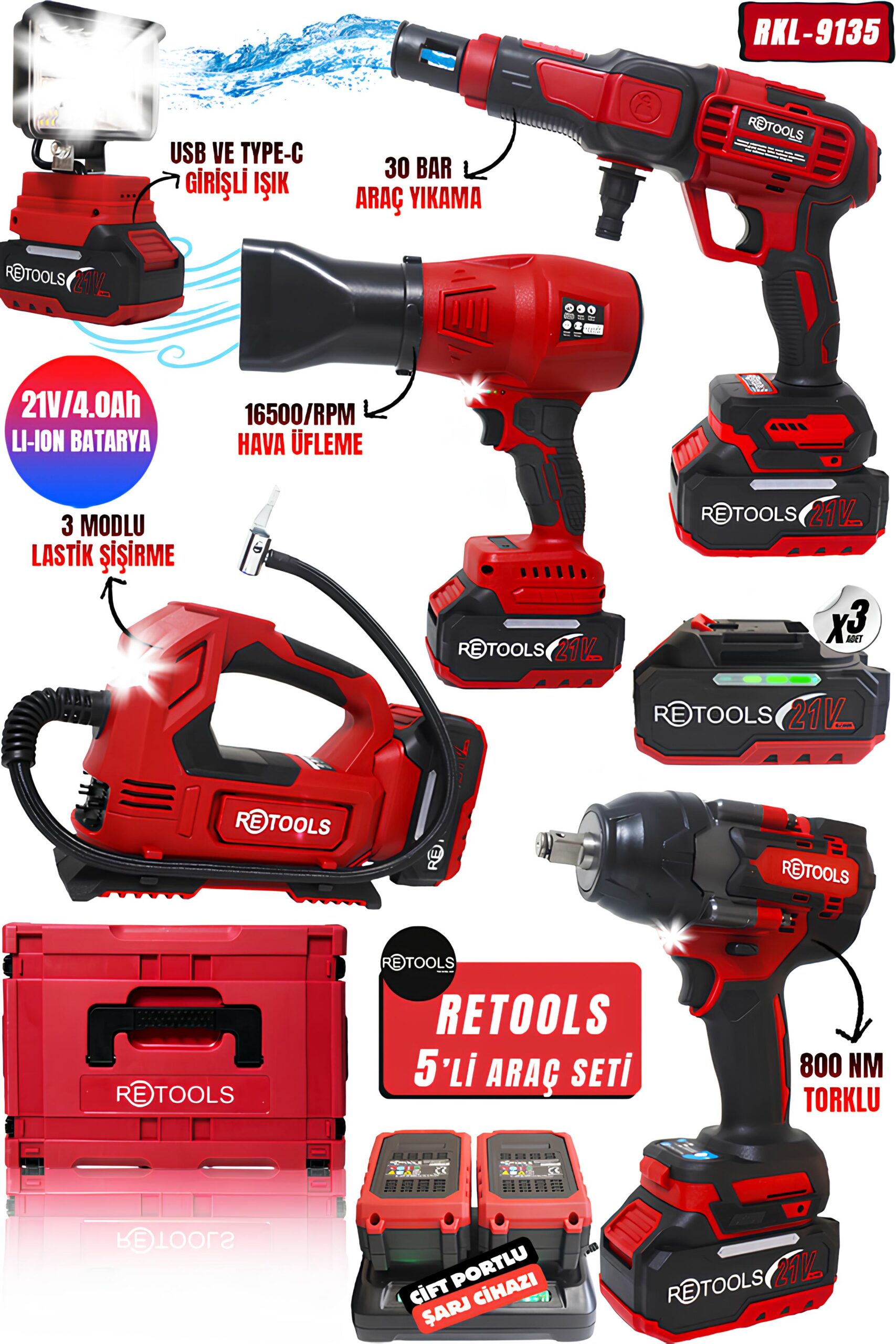 RETOOLS 5’Lİ SET KIRMIZI KABARTMALI ARAÇ SETİ (800 NM TORKLU – ARAÇ YIKAMA – IŞIK – LASTİK ŞİŞİRME – HAVA ÜFLEME)